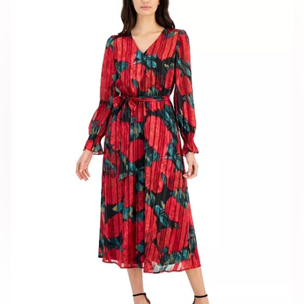 Anne Klein Red Metallic Floral Belted Long Sleeve Midi Dress - NWT - Size 2X!